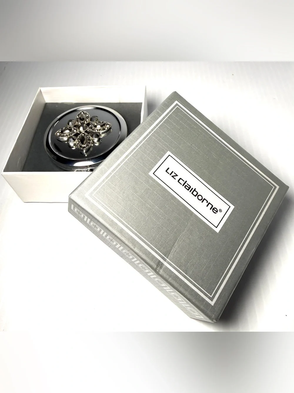 Liz Claiborne Silver Compact Mirror with Crystal Flower Accent